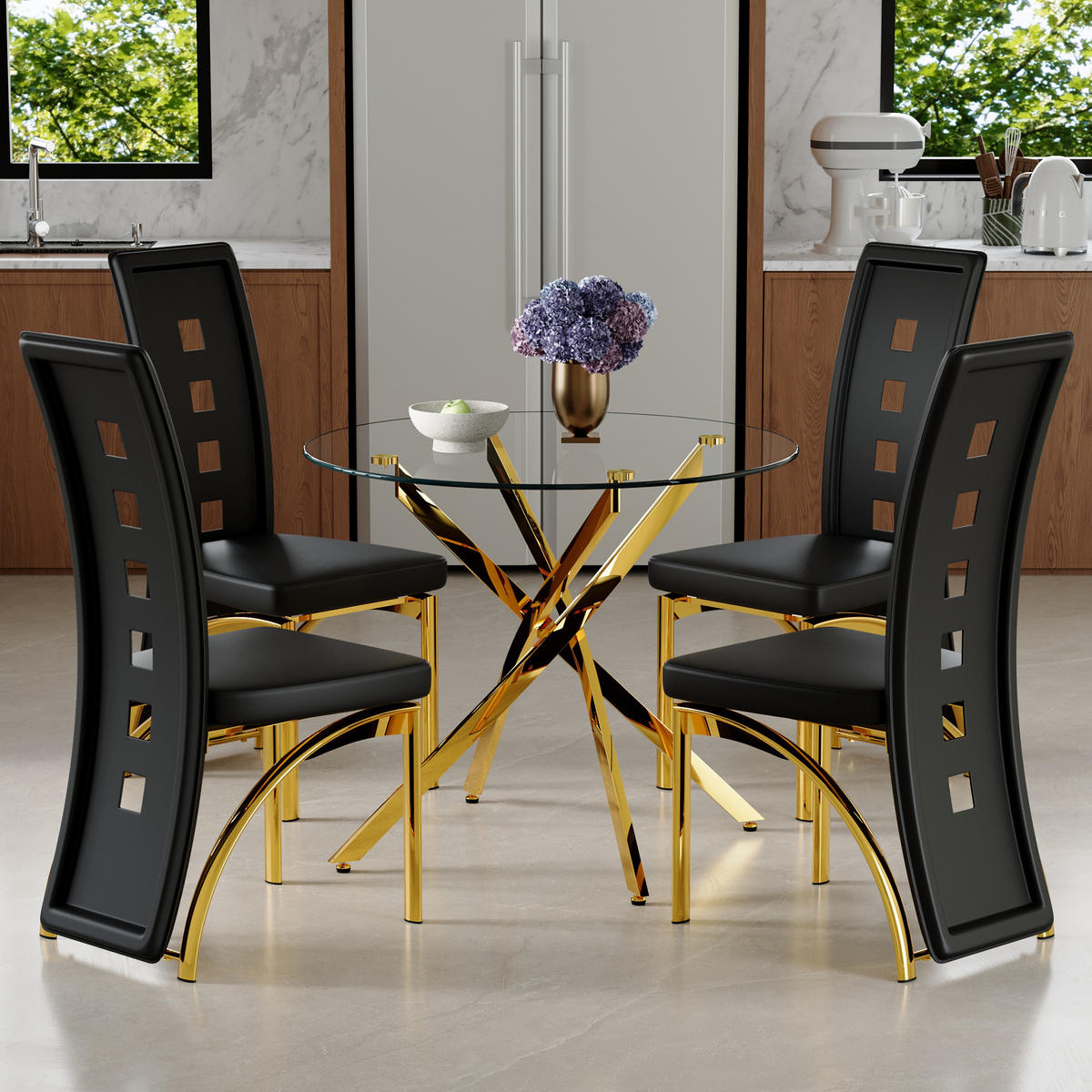 ESSGRUPPE DE-39452 5-teilig, Glastisch und 4 Stühlen mit Lochmuster Schwarz/Gold - Goldfarben/Schwarz, Metall (88/75/88cm) - ComfortXL