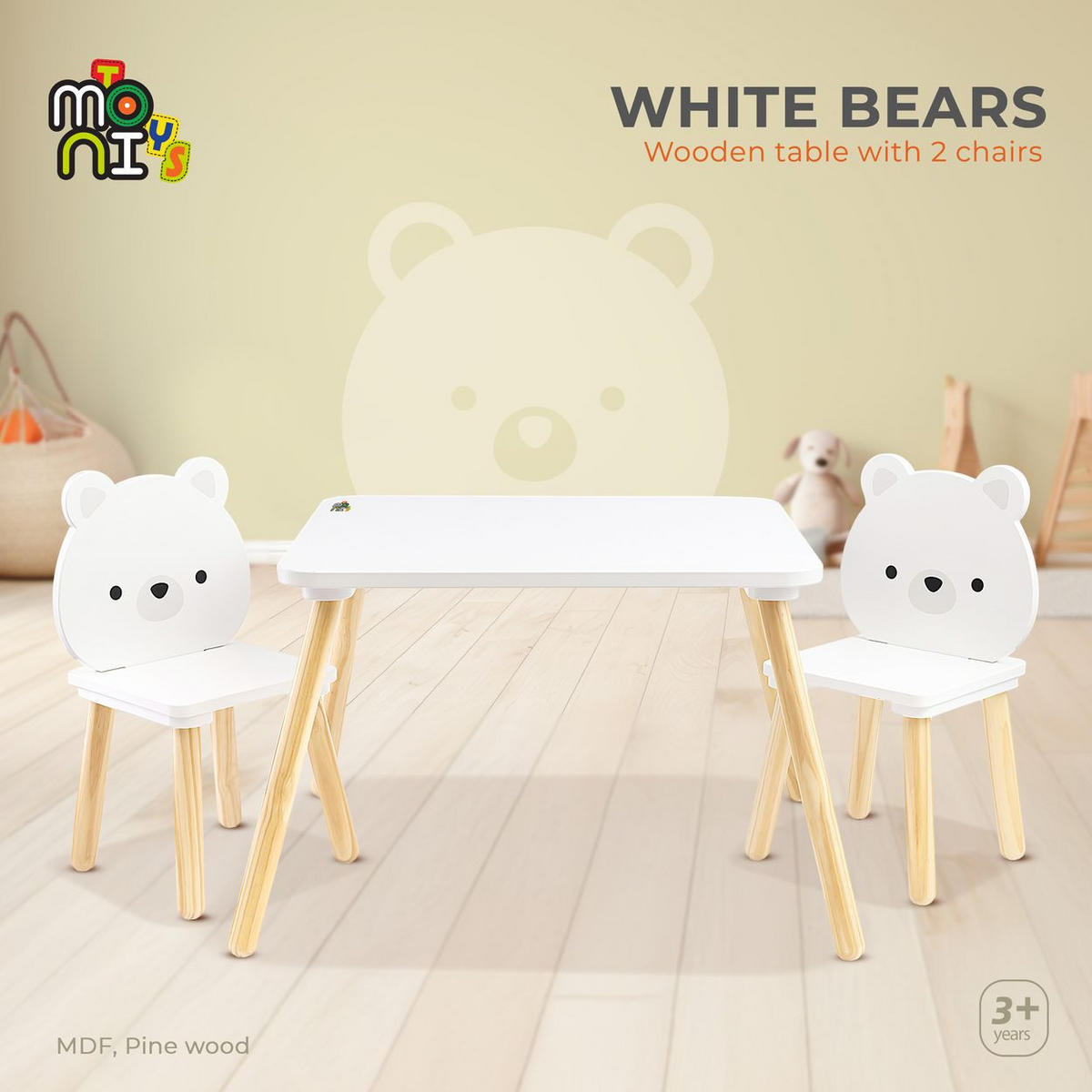 KINDERSITZGRUPPE weiße Bären weiß 62 x 62 cm, Tischset, 2 Stühle, MDF, Kiefernholz, Bären-Rückenlehnen - Weiß, Holzwerkstoff (62/42/62cm) - Moni
