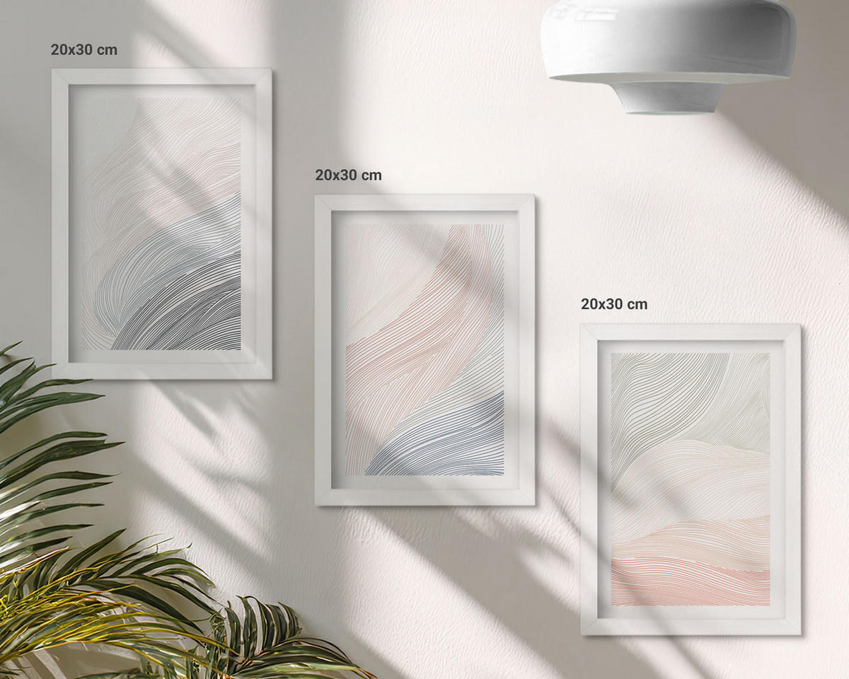 WANDBILDER 3er-Set - 20x30 cm Weißer Rahmen - Abstrakte Wellen, Karton, Pastell - Weiß, Kunststoff (20/30cm) - ArtPrintCave