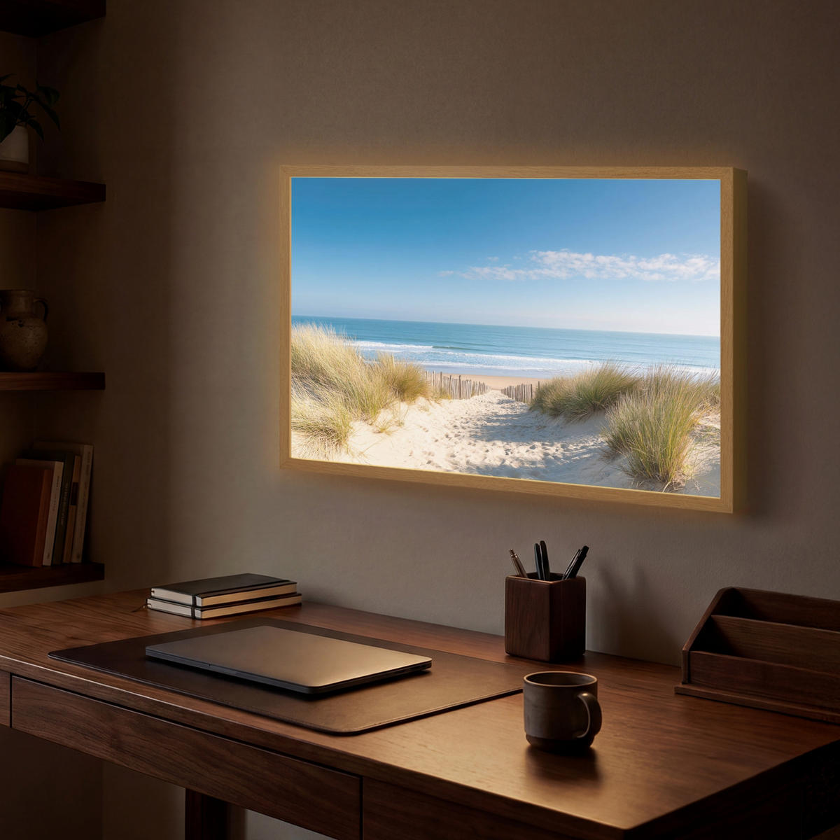 NÁSTĚNNÁ LAMPA S AKUMULÁTOREM Pláž - moře - duny - písek - léto 60x40 cm - písková barva, kompozitní dřevo (60/40/8cm) - OnlyWow