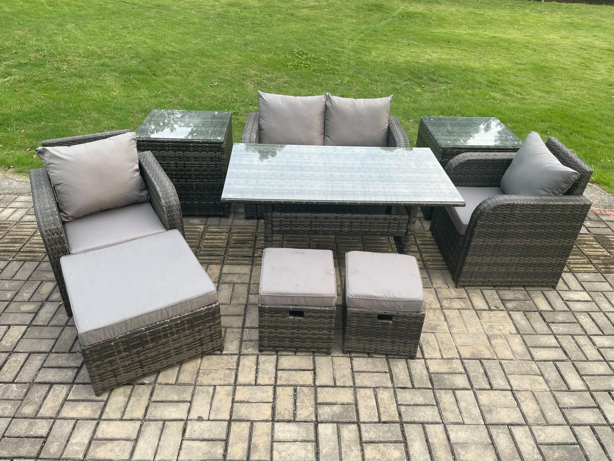 GARTENMÖBEL SET mit Hocker,Beistelltischen,Zweisitzer Polyrattan 7-Sitzer - Dunkelgrau/Grau, Glas/Kunststoff - Fimous