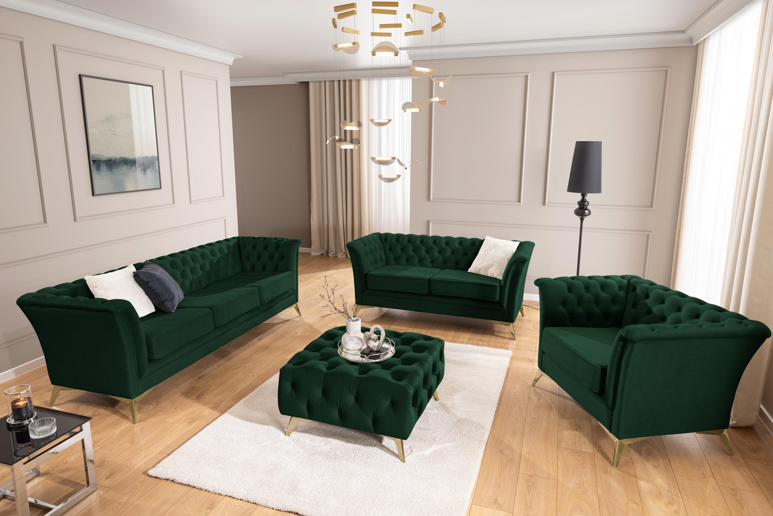 SITZGARNITUR 3+2+1 Chesterfield Whitby Flaschengrün Samt mit goldenen Füßen - Dunkelgrün/Goldfarben, Holz/Textil (237/78/82cm) - S-Style Möbel