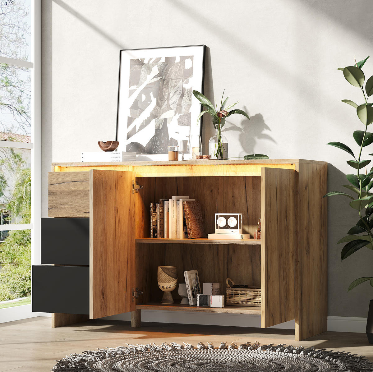 SIDEBOARD aus Spanplatte 105x40x76 cm Natur/Schwarz mit LED-Beleuchtung, 3 Schubladen und 2 Türen - Schwarz, Holzwerkstoff (120/76/40cm) - Modfu