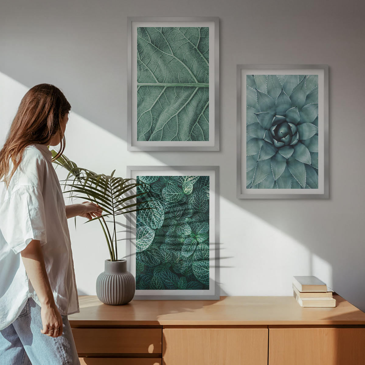 BILDER SET 3er Set - 40x60 cm Silberner Rahmen - Nahaufnahme von Pflanzenblättern - Silberfarben, Kunststoff (40/60cm) - TULUP
