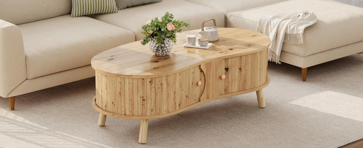 COUCHTISCH organisch Rillenoptik 2 Schiebetüren - Naturfarben, Holz (50/108/37cm) - LEBENLANG