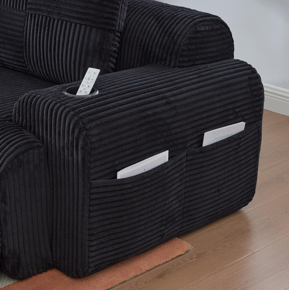 SOFA 200/174/80 cm in Schwarz aus Cord mit Cupholder und Aufbewahrungstasche - Schwarz, Textil (174/80/200cm) - Flora Grace