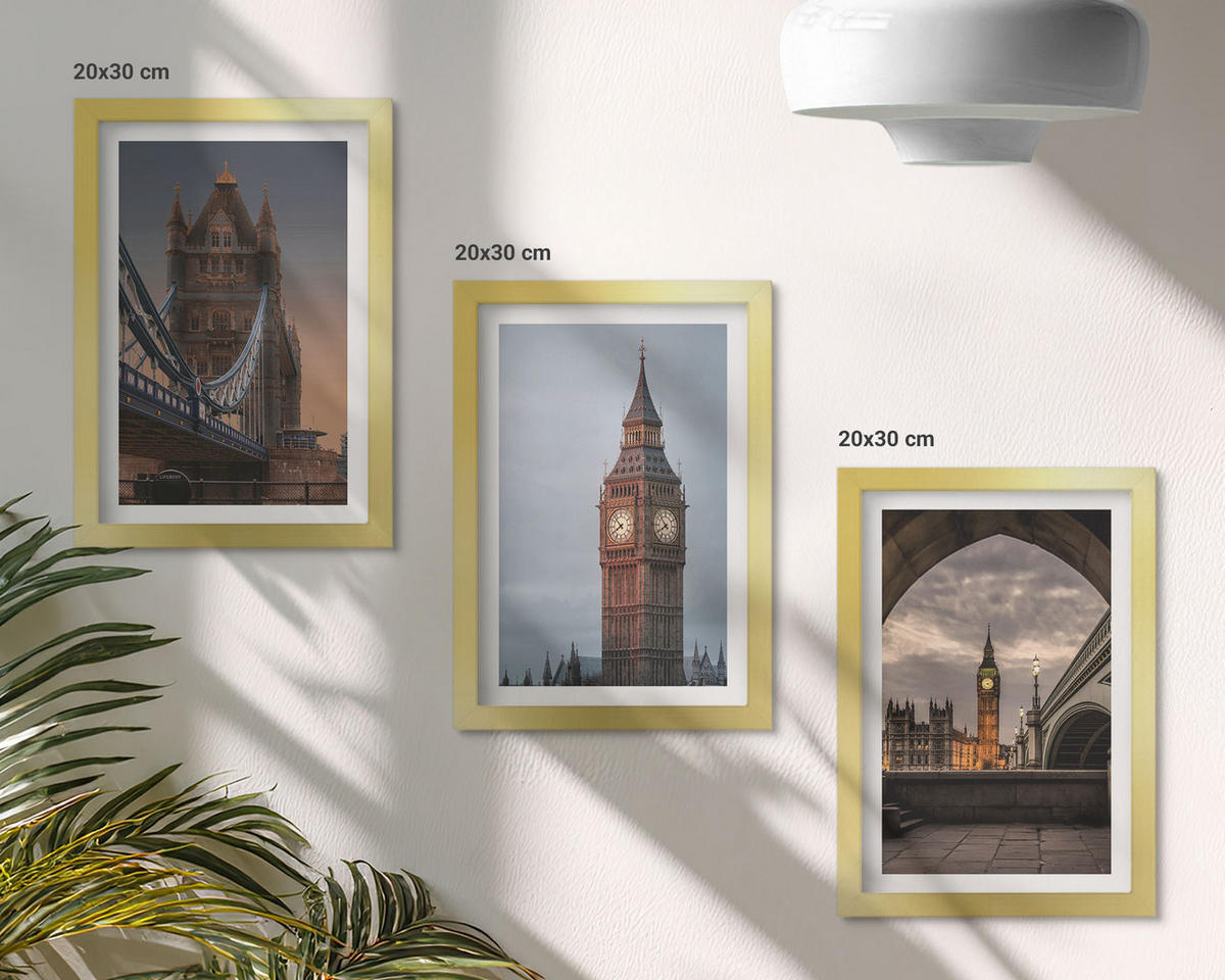 WANDBILDER 3er Set - 20x30 cm Goldrahmen - London Bridge Big Ben Uhr - Goldfarben, Kunststoff (20/30cm) - ArtPrintCave