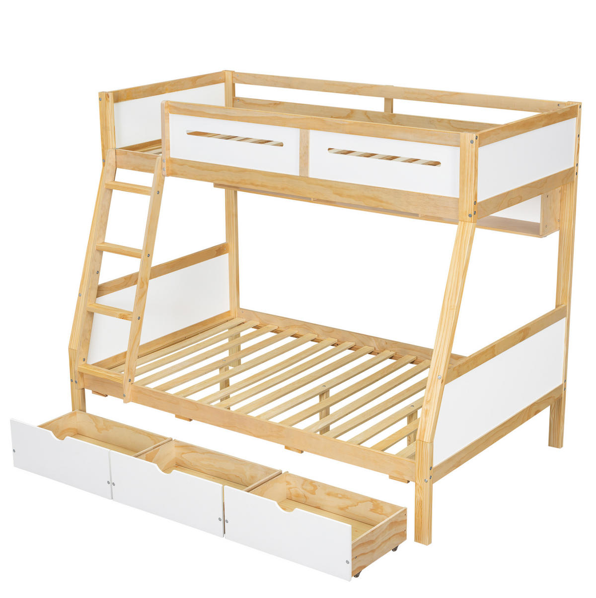 ETAGENBETT 90/200 & 120/200 cm Weiß/Natur mit 3 Schubladen und Bilderbuchständer - Weiß, Holz (90/200cm) - Flora Grace