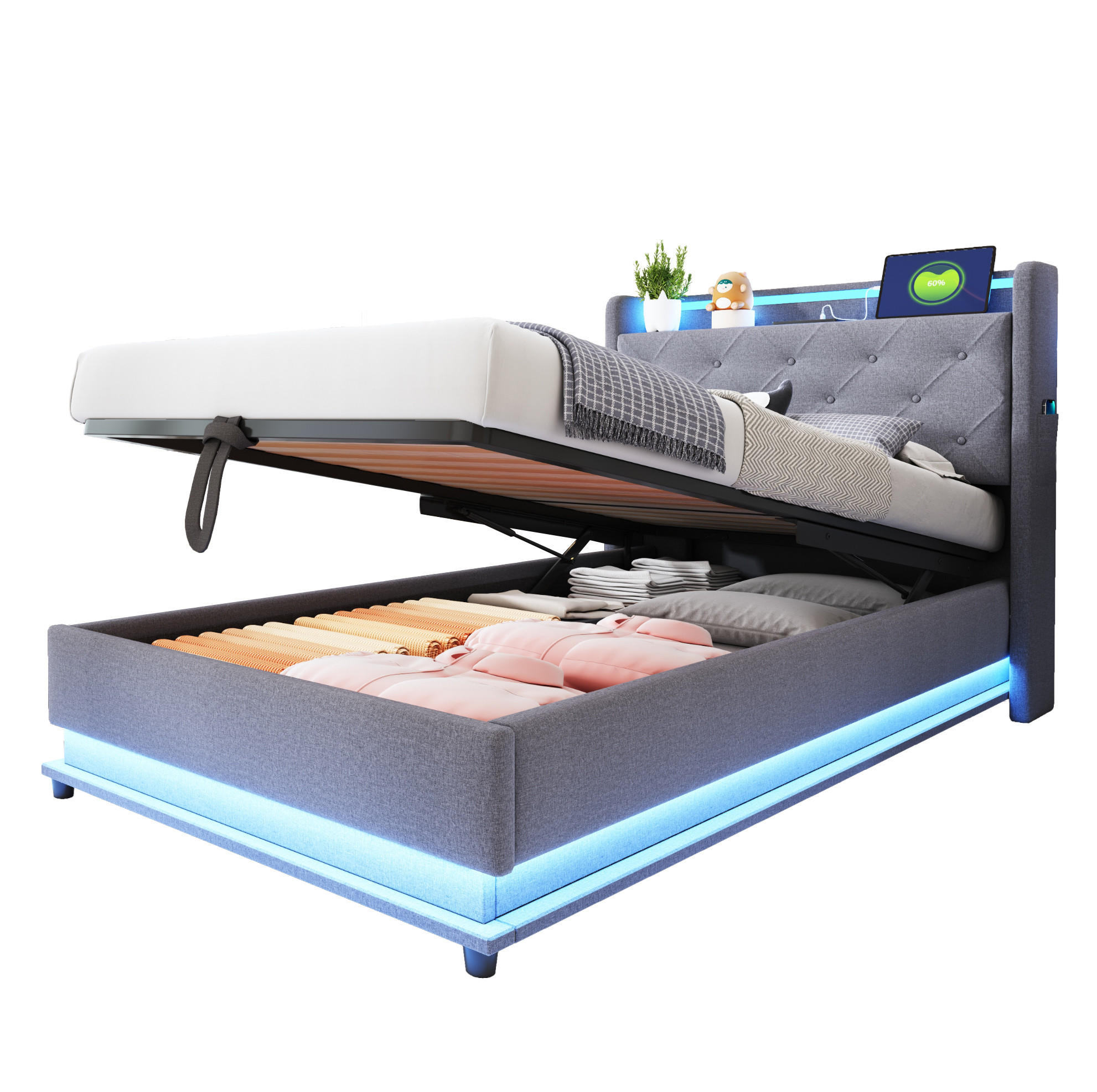 OKWISH DĚTSKÁ postel 90/200 cm šedá z lněné tkaniny s LED osvětlením a úložným prostorem