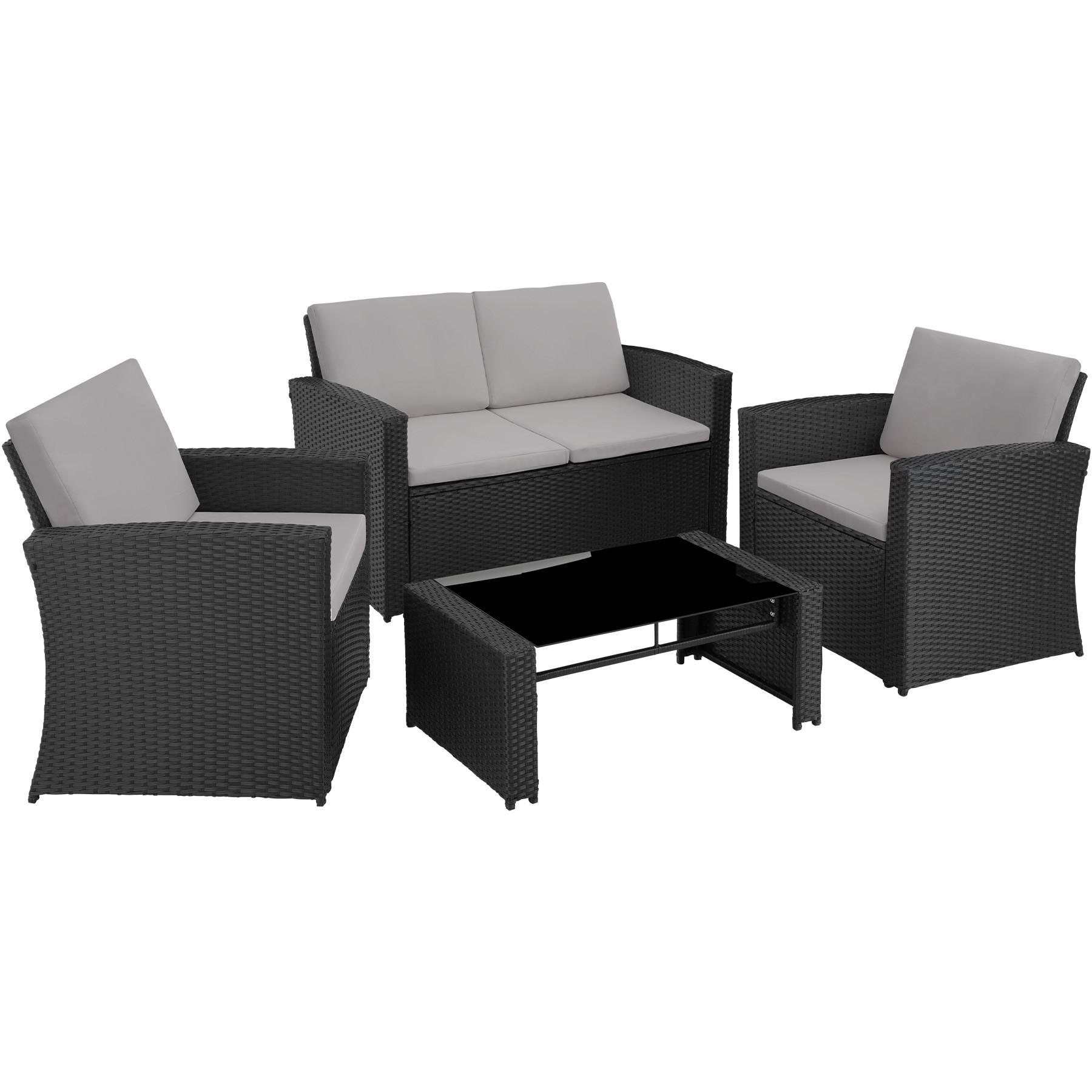 RATTANLOUNGE Jesolo,mit Sicherheitsglasplatte,schwarz/grau - Schwarz/Grau, Kunststoff - tectake