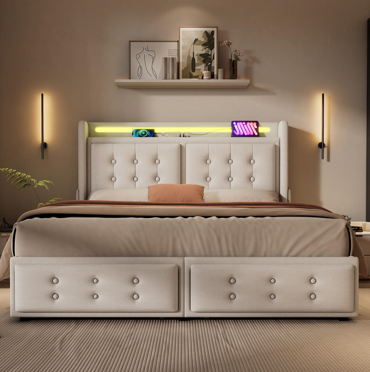 POLSTERBETT aus Baumwoll-Leinenstoff 140x200 cm Beige mit LED, USB-C und 4 Schubladen - Beige, Textil (140/200cm) - IVMEU