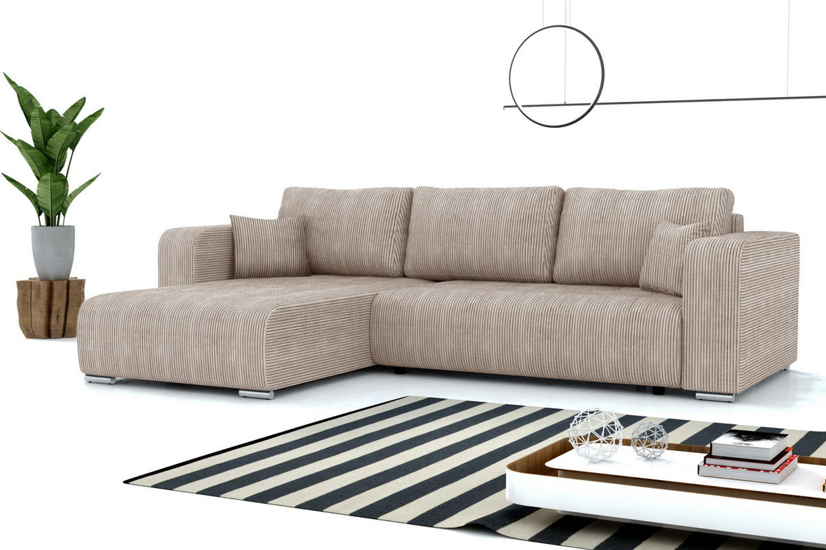 ECKSOFA CARACAS 288/185 in Cord Beige mit Schlaffunktion links - Beige, Holz/Holzwerkstoff (288/185cm) - Deine Möbel 24