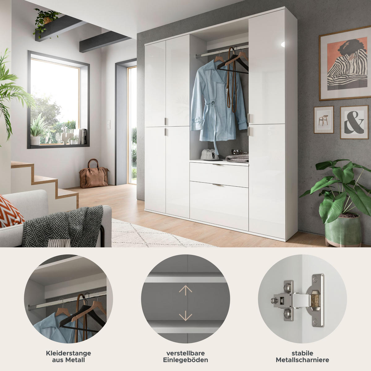 GARDEROBENKOMBINATION 4tlg. Projekt X Garderobe in weiß Nb. und weiß hochglanz B/H/T: 152x193x34 cm - Weiß, Holzwerkstoff (152/193/34cm)