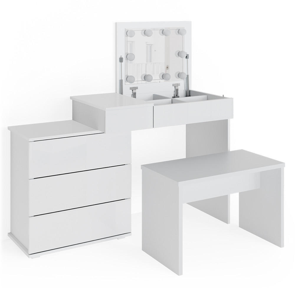 SCHMINKTISCH Lotos Weiß 117.4 cm mit LED Beleuchtung und Bank - Weiß, Holzwerkstoff (117.4/78/45cm) - Vicco