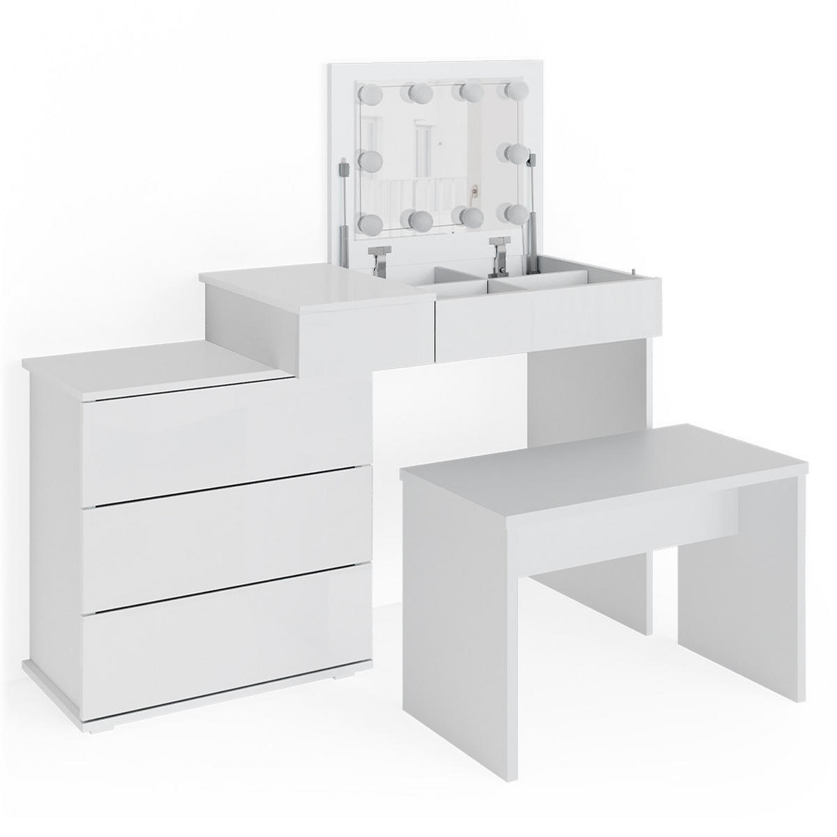 SCHMINKTISCH Lotos Weiß 117.4 cm mit LED Beleuchtung und Bank - Weiß, Holzwerkstoff (117.4/78/45cm) - Vicco
