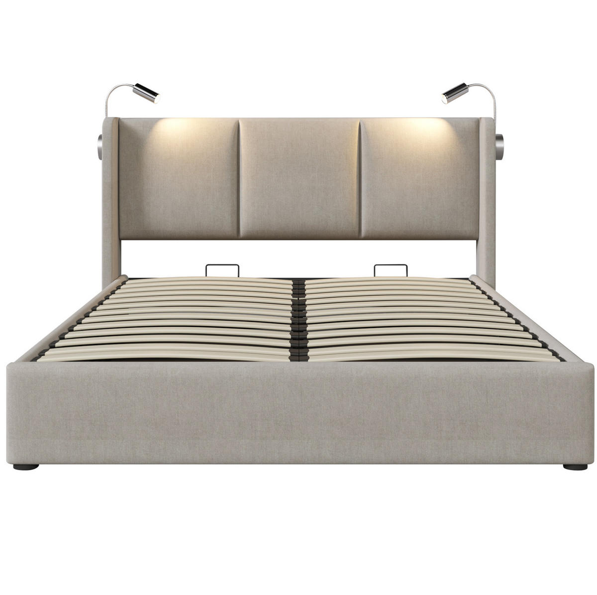 BETT mit Bettkasten 180x200 cm Leinen Beige 2xUSB - Beige, Metall (180/200cm) - Meubliv