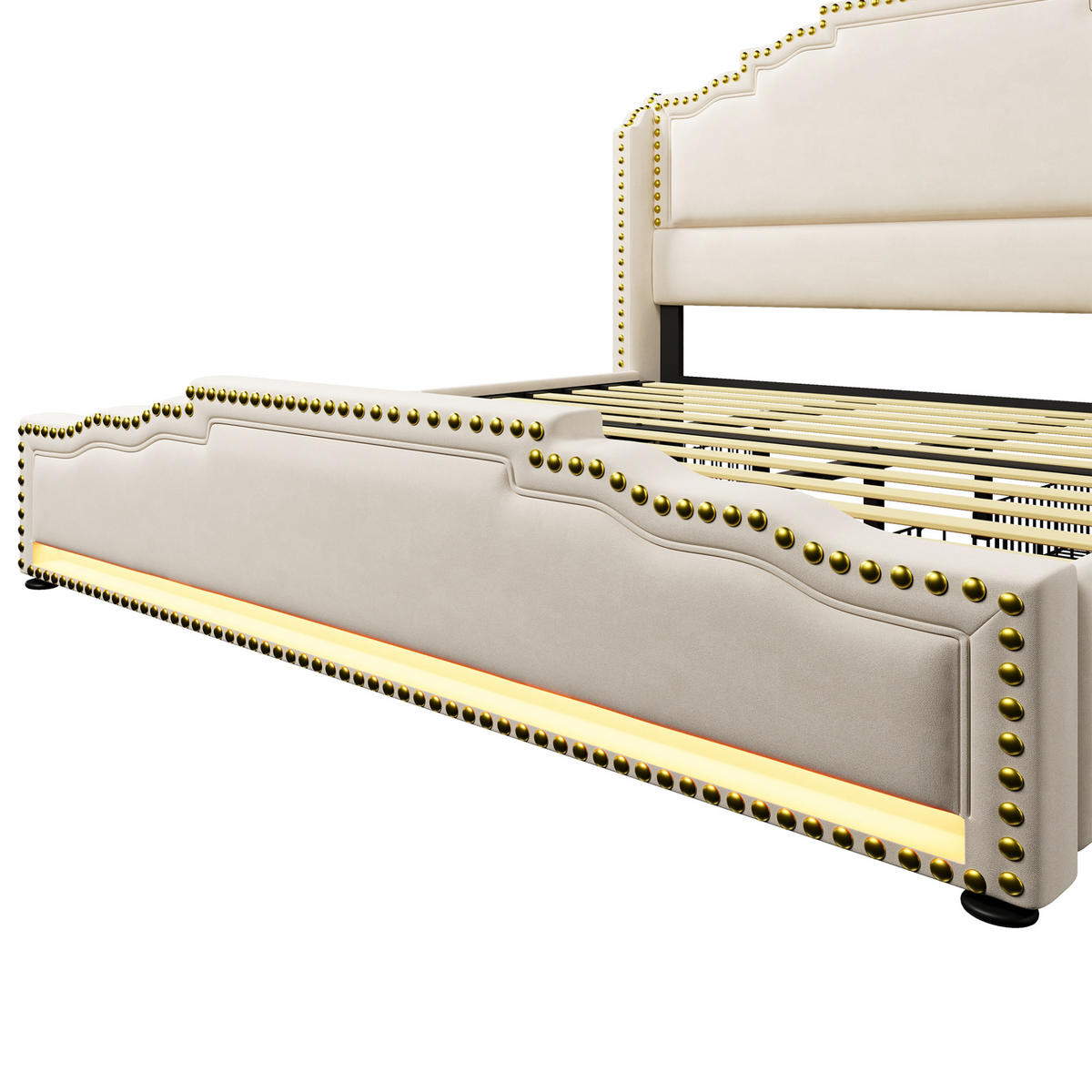 POLSTERBETT 180/200 cm mit LED-Beleuchtung, USB- und Type-C-Anschluss, 4 Schubladen und Lattenrost, Beige - Beige, Textil (180/200cm) - Redom