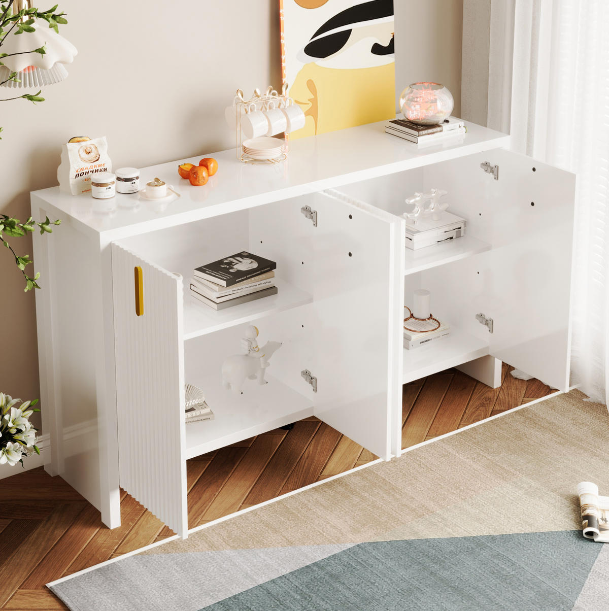 SIDEBOARD 140/38/80 cm in Weiß mit 4 Türen & goldfarbenen Griffen - Weiß, Holzwerkstoff (140/80/38cm) - BEAOK