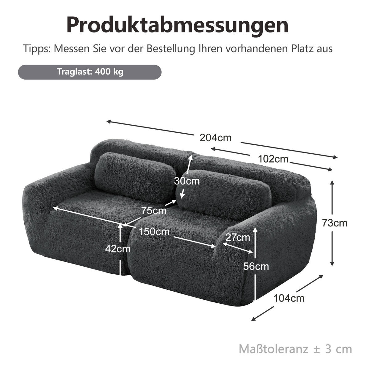 SOFA in Grau aus Plüsch, modular und rahmenlos mit Kissen - Grau, Textil (104/73/204cm) - Flora Grace