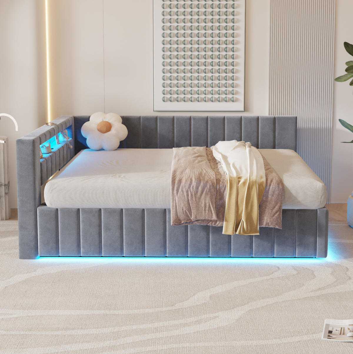 POLSTERBETT 140/200 cm aus Samt mit LED und USB, Grau - Grau, Textil (140/200cm) - OKMYHOME