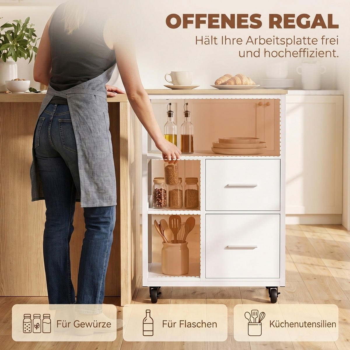 KÜCHENWAGEN Spanplatte Stahl Weiß - Weiß, Holzwerkstoff (37/89/53cm) - HOMCOM