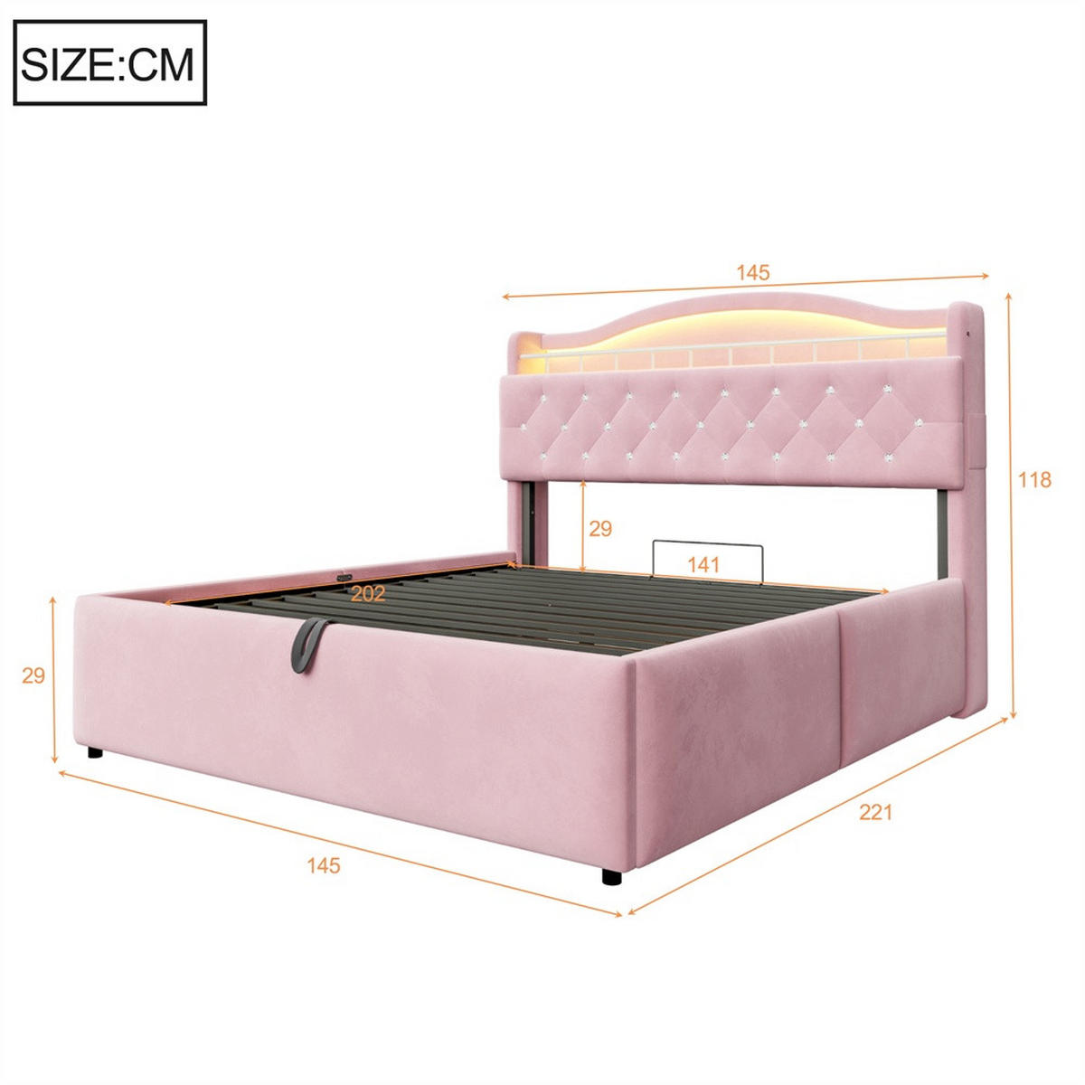 POLSTERBETT 140x200 cm mit hydraulischem Stauraum - LED Beleuchtung & Ladestation - Rosa - Ohne Matratze - Pink, Textil (140/200cm) - DELFA