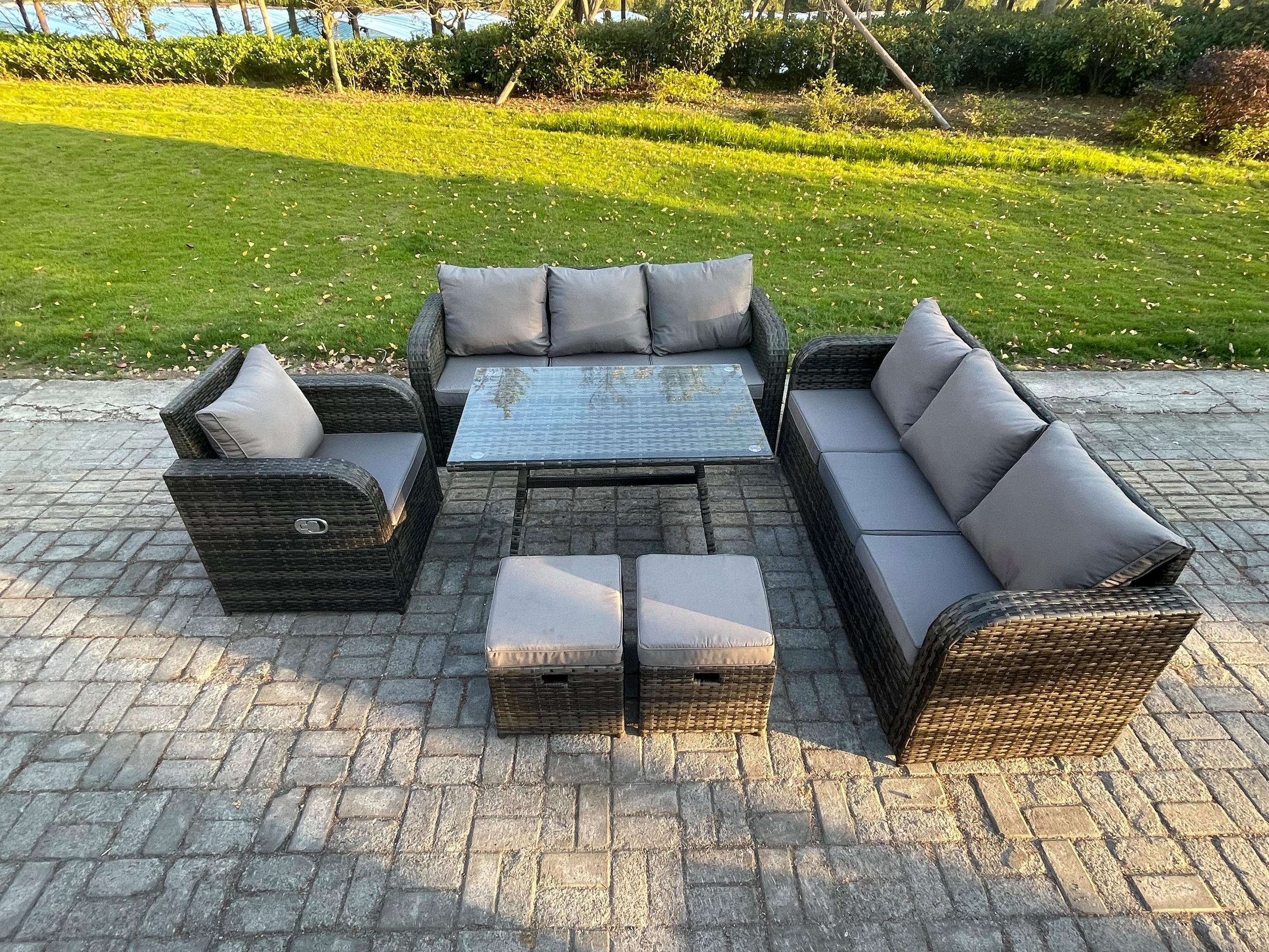 GARTENSET Hohe Rückenlehne Polyrattan 9-Sitzer - Dunkelgrau/Grau, Glas/Kunststoff - Fimous