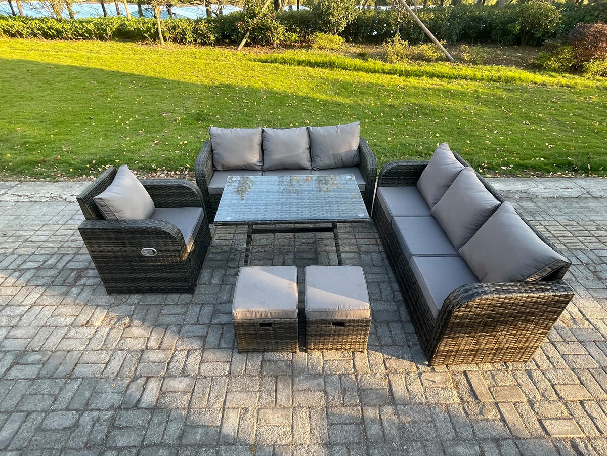 GARTENSET Hohe Rückenlehne Polyrattan 9-Sitzer - Dunkelgrau/Grau, Glas/Kunststoff - Fimous