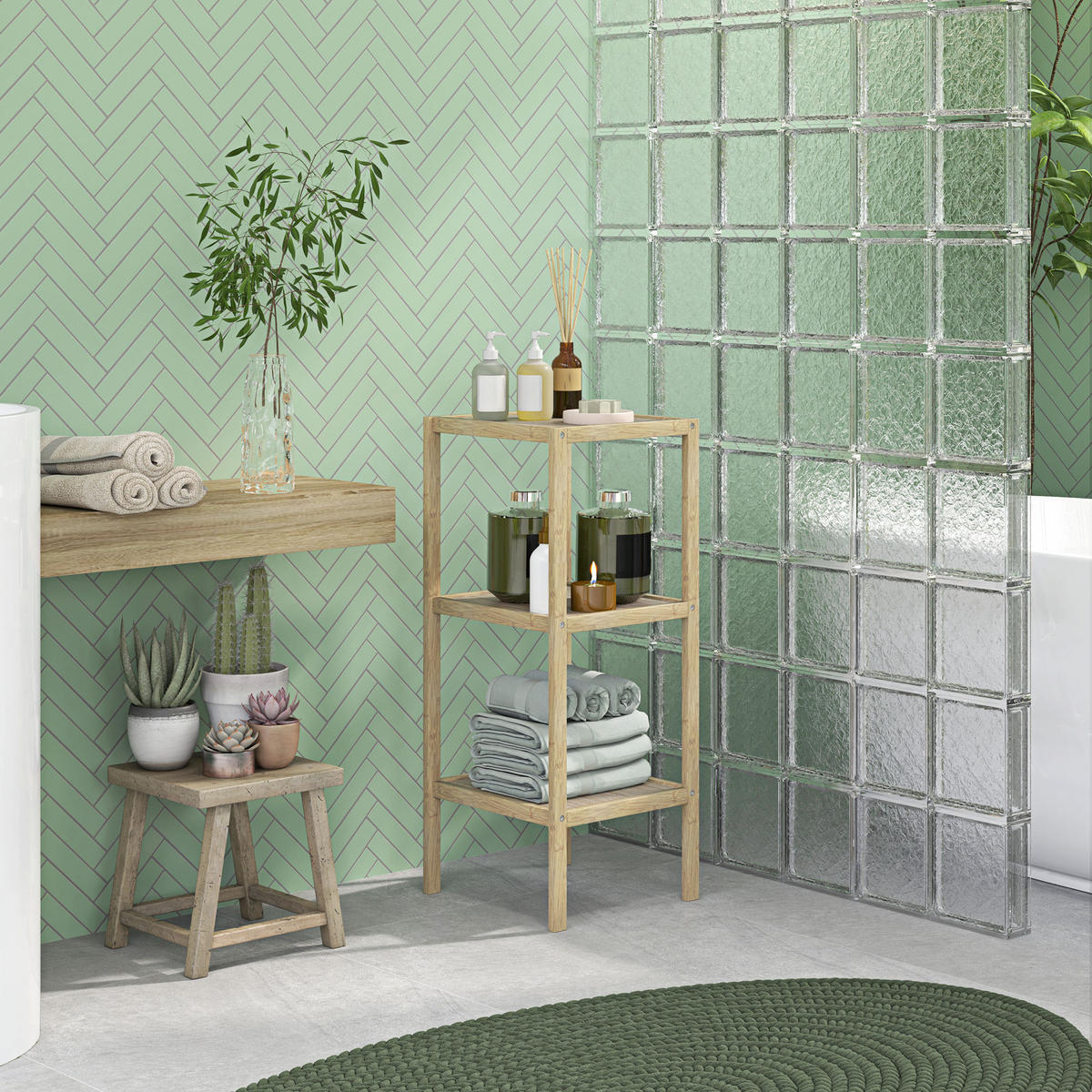 BADEREGAL, Badezimmerregal mit 3 Ebenen, 33 x 31 x 78 cm, Naturholz - Naturfarben, Naturmaterialen (31/78/33cm) - HOMCOM