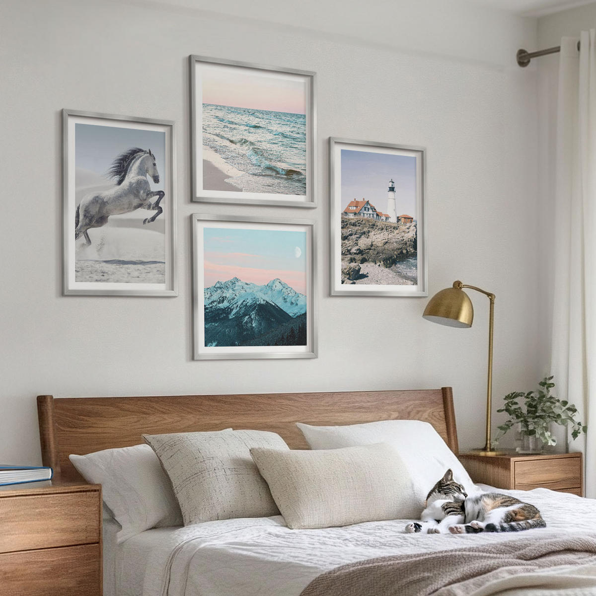 WANDBILDER 4er Set - 50x50 cm & 40x60 cm Silberner Rahmen - Pferde, Bewegung, Strand, Leuchtturm, Berge - Silberfarben, Kunststoff (50/50cm) - ArtPrintCave