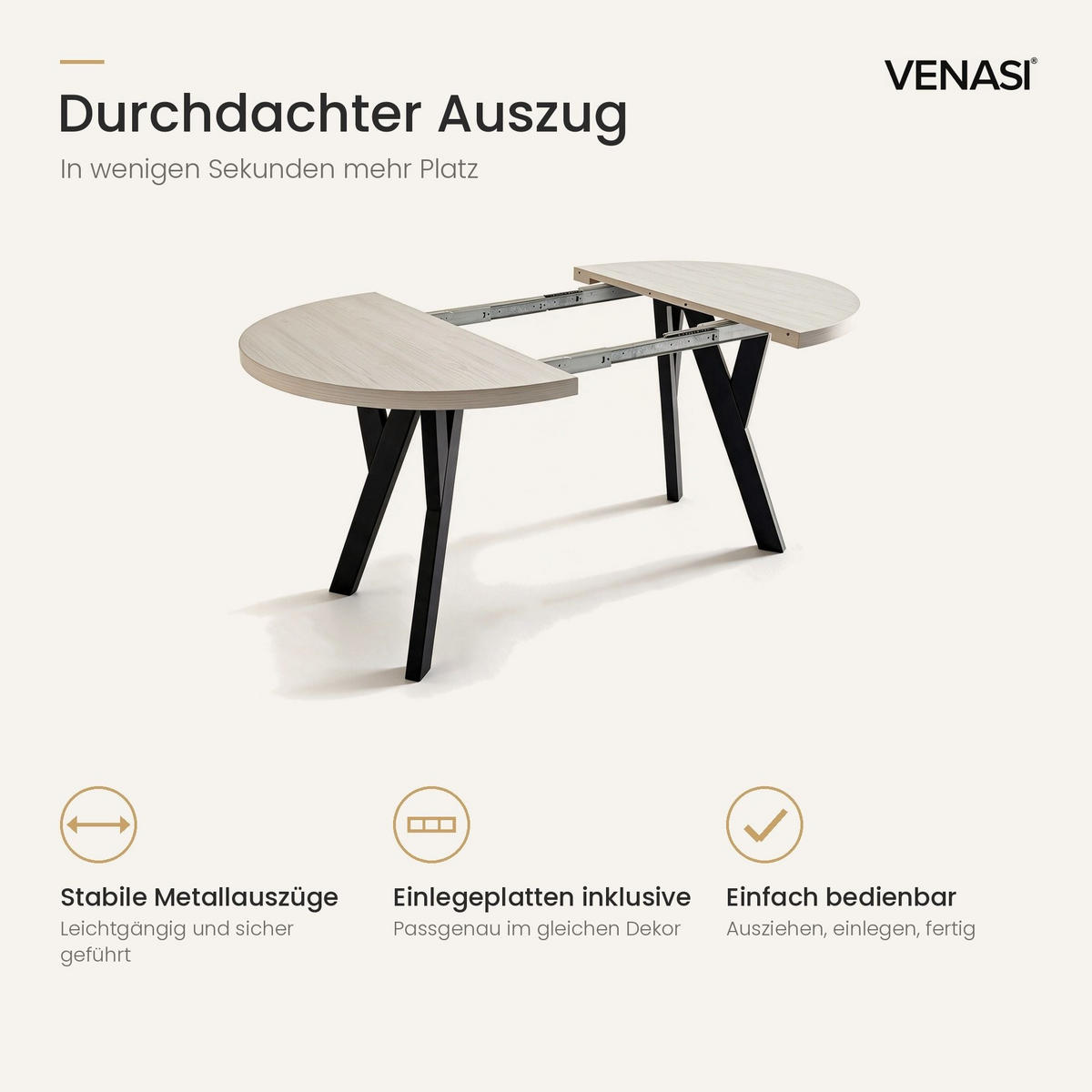 ESSTISCH ausziehbar rund 90-190 cm ATO Sosna, Auszugstisch mit Einlegeplatte - Schwarz/Kieferfarben, Holzwerkstoff (90/90/77cm) - VENASI MÖBEL