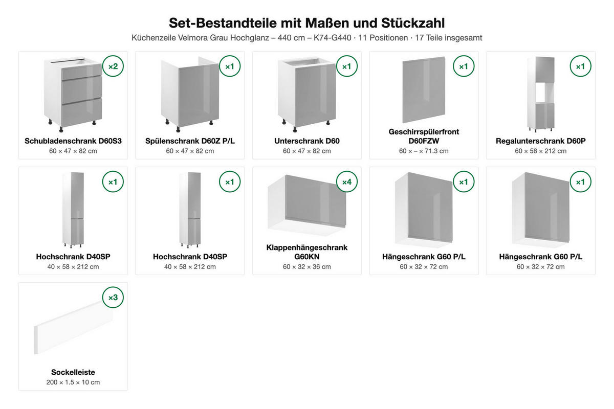 KÜCHENZEILE – 300 cm – K74-G440 – Velmora – Grau – ohne E-Geräte - Grau, Holz (440/212/58cm) - ROYAL24_MARKT