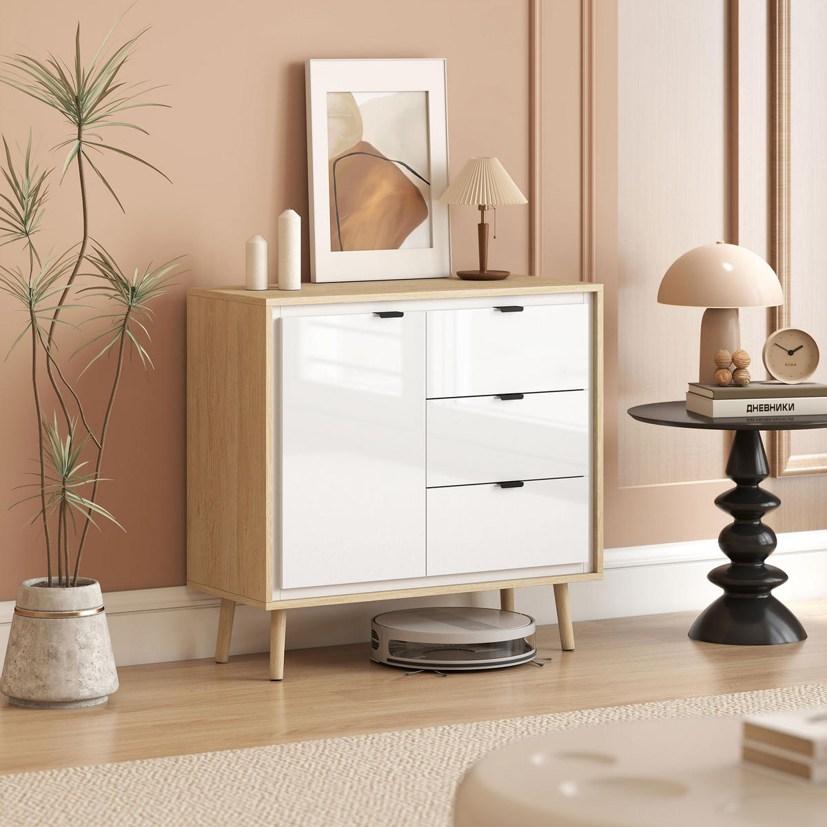 SIDEBOARD Weiß und Eiche-Nachbildung, 2 Türen, 3 Schubladen, 80/35/77 cm - Weiß Hochglanz, Holz (80/77/35cm) - PANGIVO