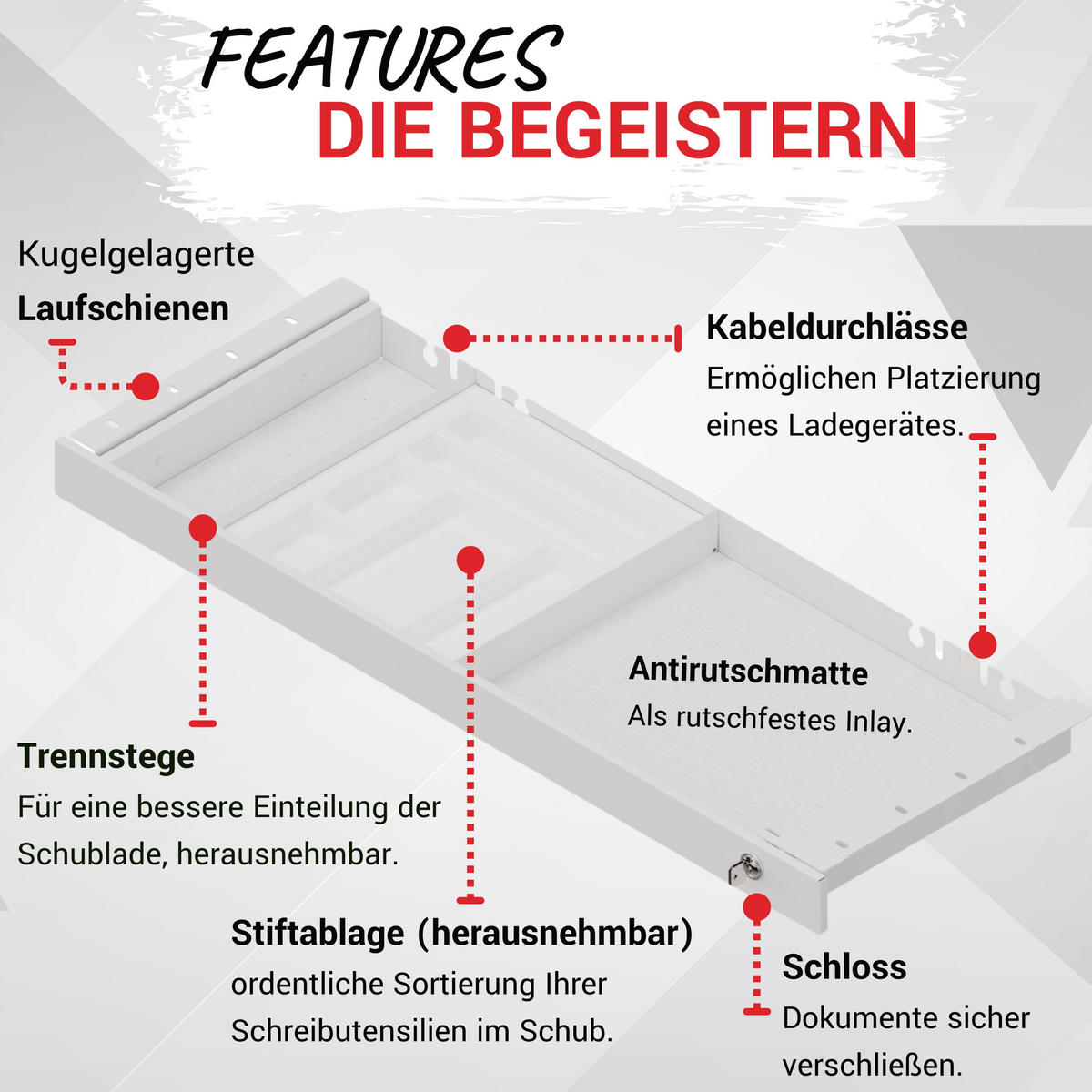 SCHUBLADE DeskDrawerPro 30,5/82,4/5,5 cm in Weiß - Weiß, Metall (30.5/82.4/5.5cm) - bümö