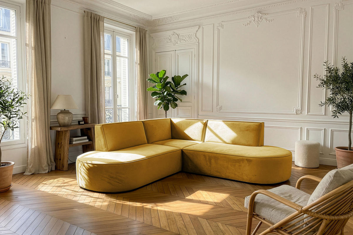 ECKSOFA Nora L-Form 3-Sitzer Universell, Samt, Senfgelb 223/73/223 cm - Dunkelgelb/Schwarz, Kunststoff/Textil (223/223cm) - WFL GROUP