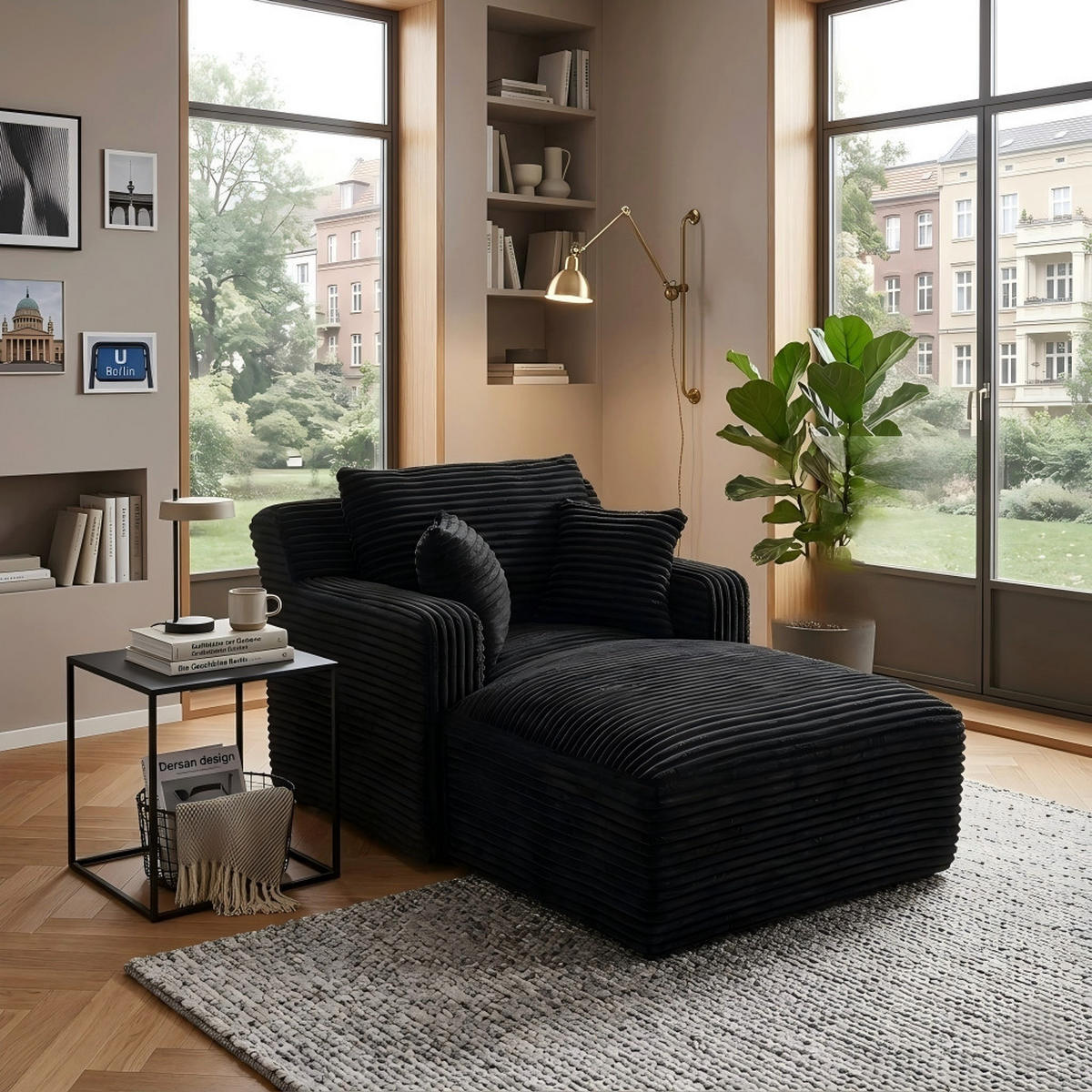 RELAXSESSEL aus Cord Modulare Chaiselongue & ohne Montage - Schwarz, Textil (33/127/33cm) - Urban Meuble