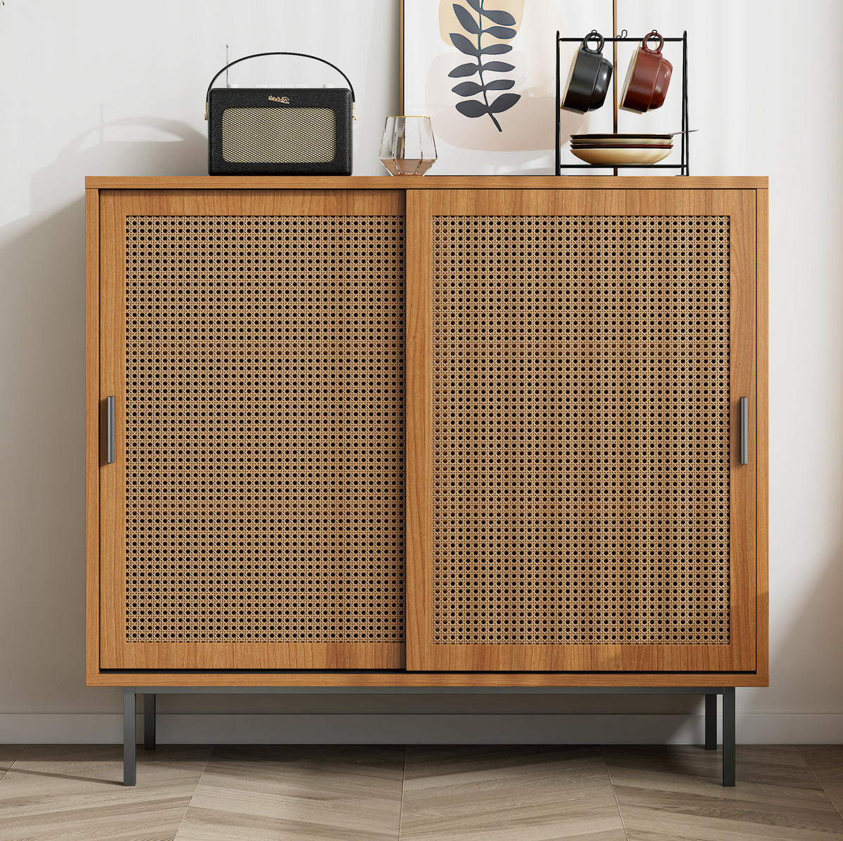 SIDEBOARD 100/37/90 cm mit 2 Schiebetüren in Walnuss & Rattan-Optik - Walnussfarben, Holzwerkstoff (100/90/37cm) - BEAOK
