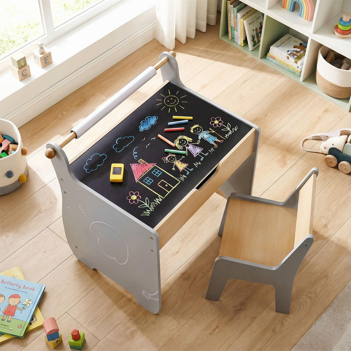 KINDERTISCH mit Stuhl grau(2-tlg) - Grau, Holzwerkstoff (61.5/59/47cm) - COSTWAY