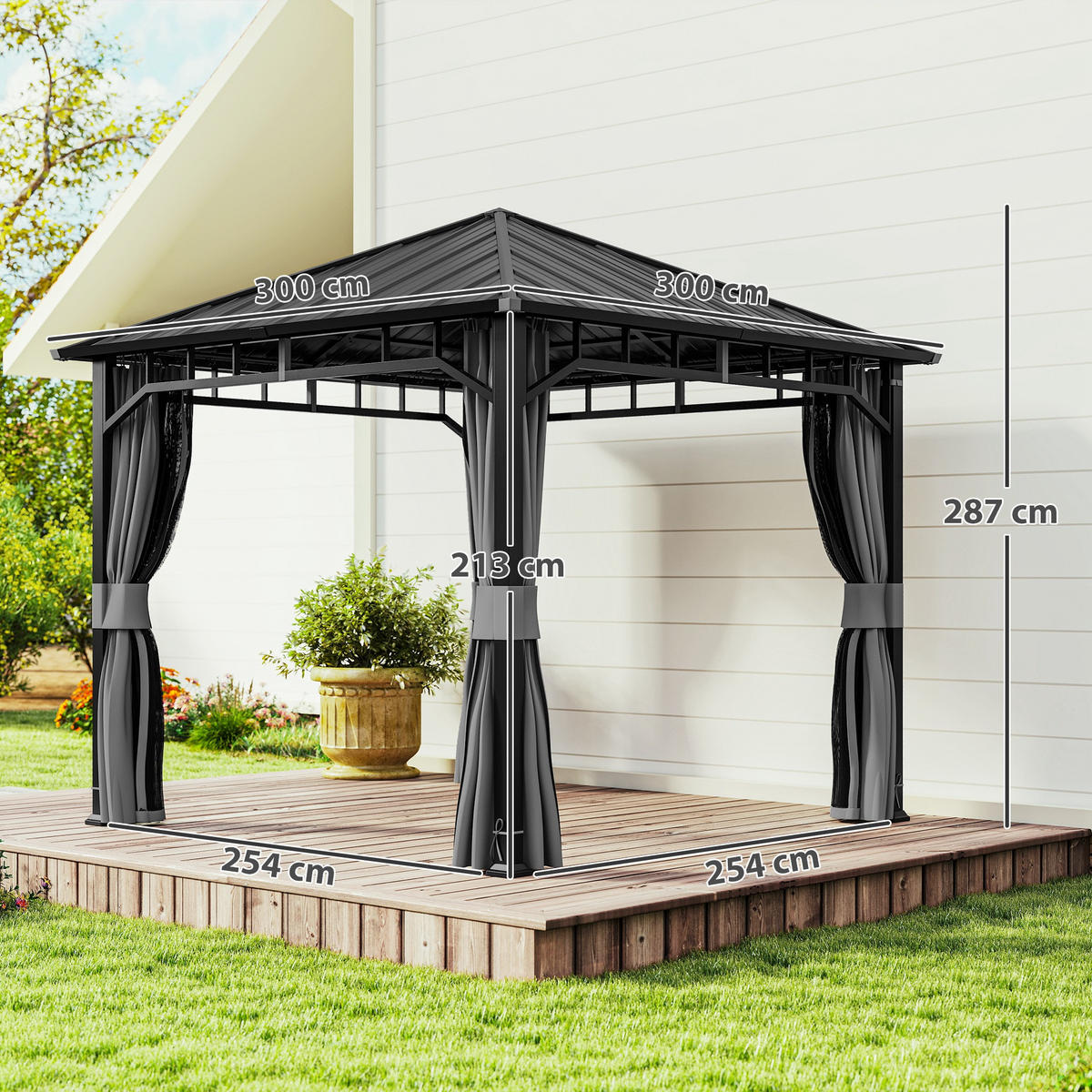 PAVILLON mit Seitenteile Wasserdicht Dunkelgrau 3 x 3 m - Dunkelgrau/Schwarz, Textil/Metall (300/290/300cm) - Outsunny