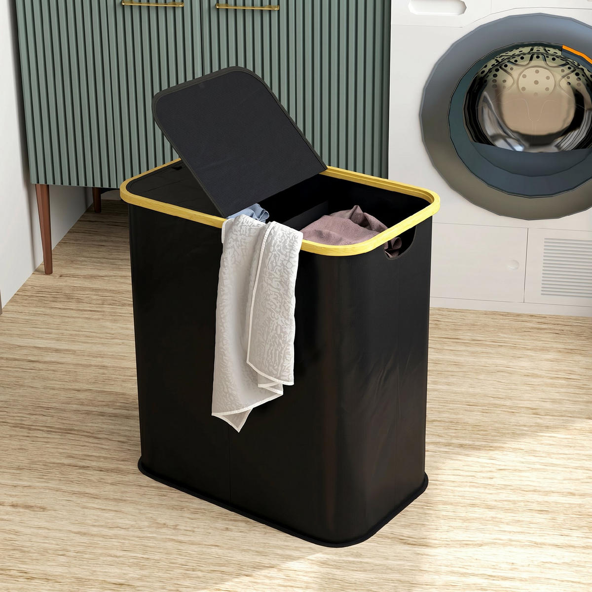 WÄSCHESORTIERER Bambus Vliesstoff Schwarz - Schwarz, Textil (34/58.5/54cm) - HOMCOM