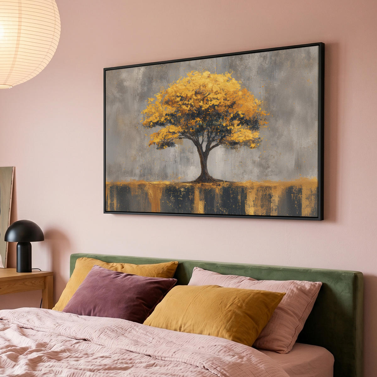 LEINWAND Bilder mit Rahmen - Baum - Blätter - Gold - Abstrakt - 120x80 - Grau, Textil (120/80cm) - MuchoWow