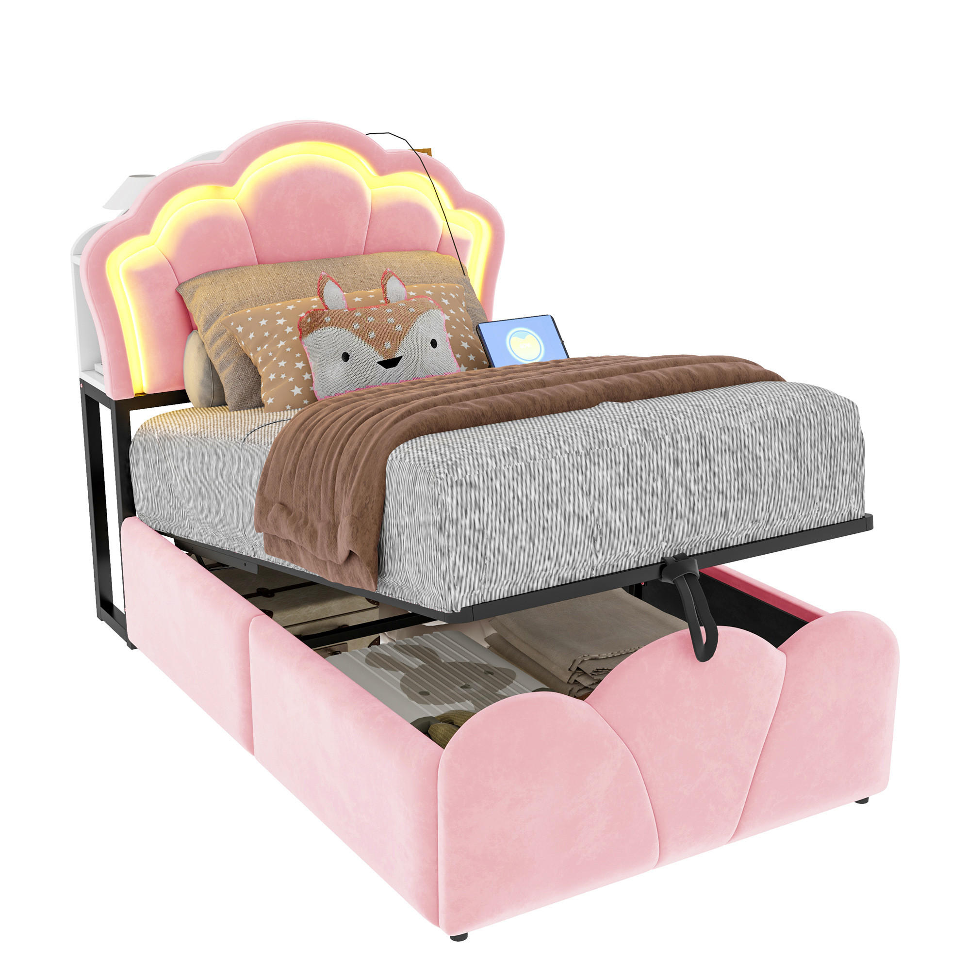 POLSTERBETT 90/200 cm aus Samt mit LED, Stauraum, Steckdosen, Rosa - Pink, Textil (90/200cm) - OKMYHOME