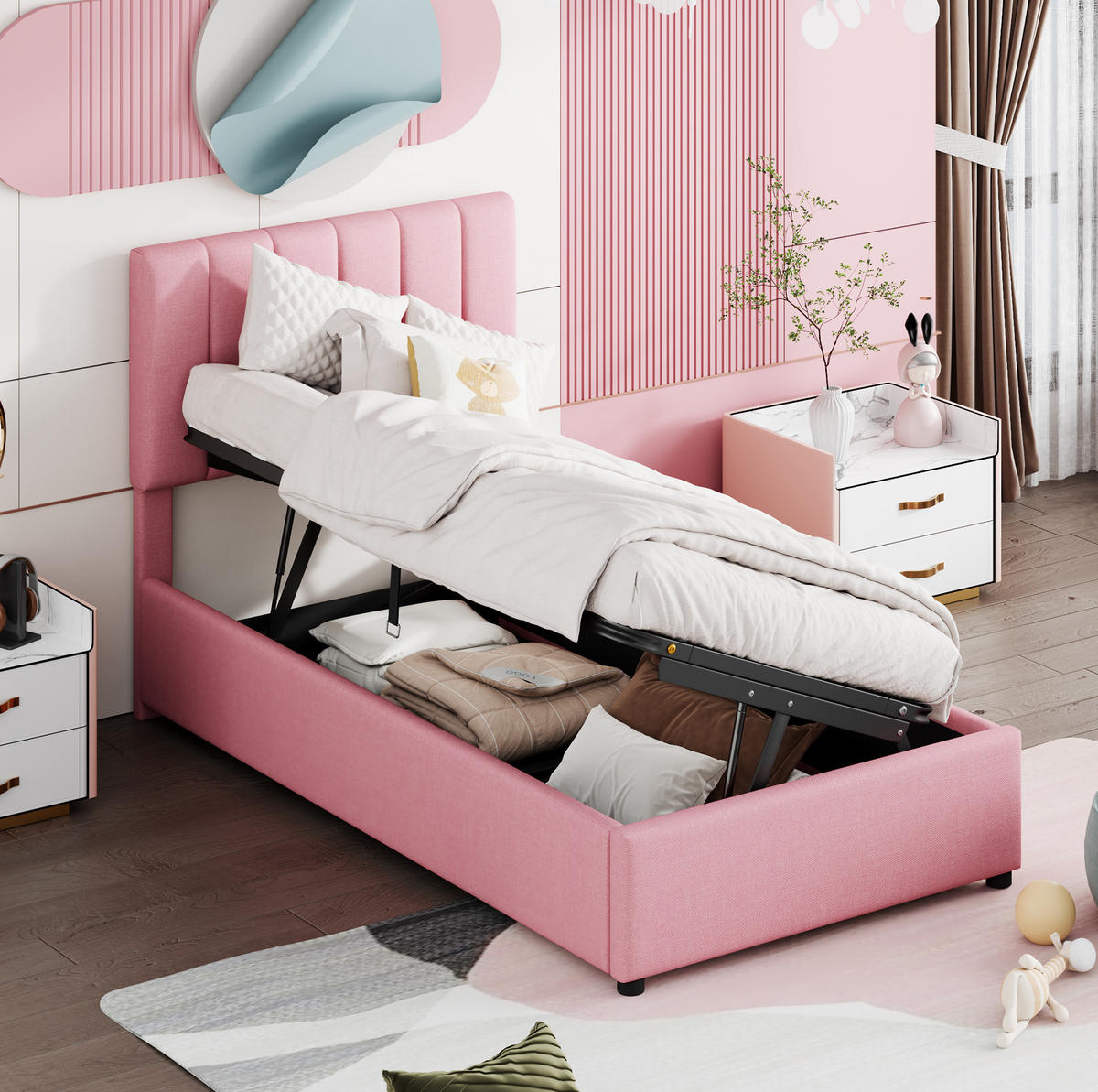 DJEČJI tapecirani krevet 90/200 cm ružičasti od lana s hidrauličnim spremištem - pink, tekstil (90/200cm) - OKWISH