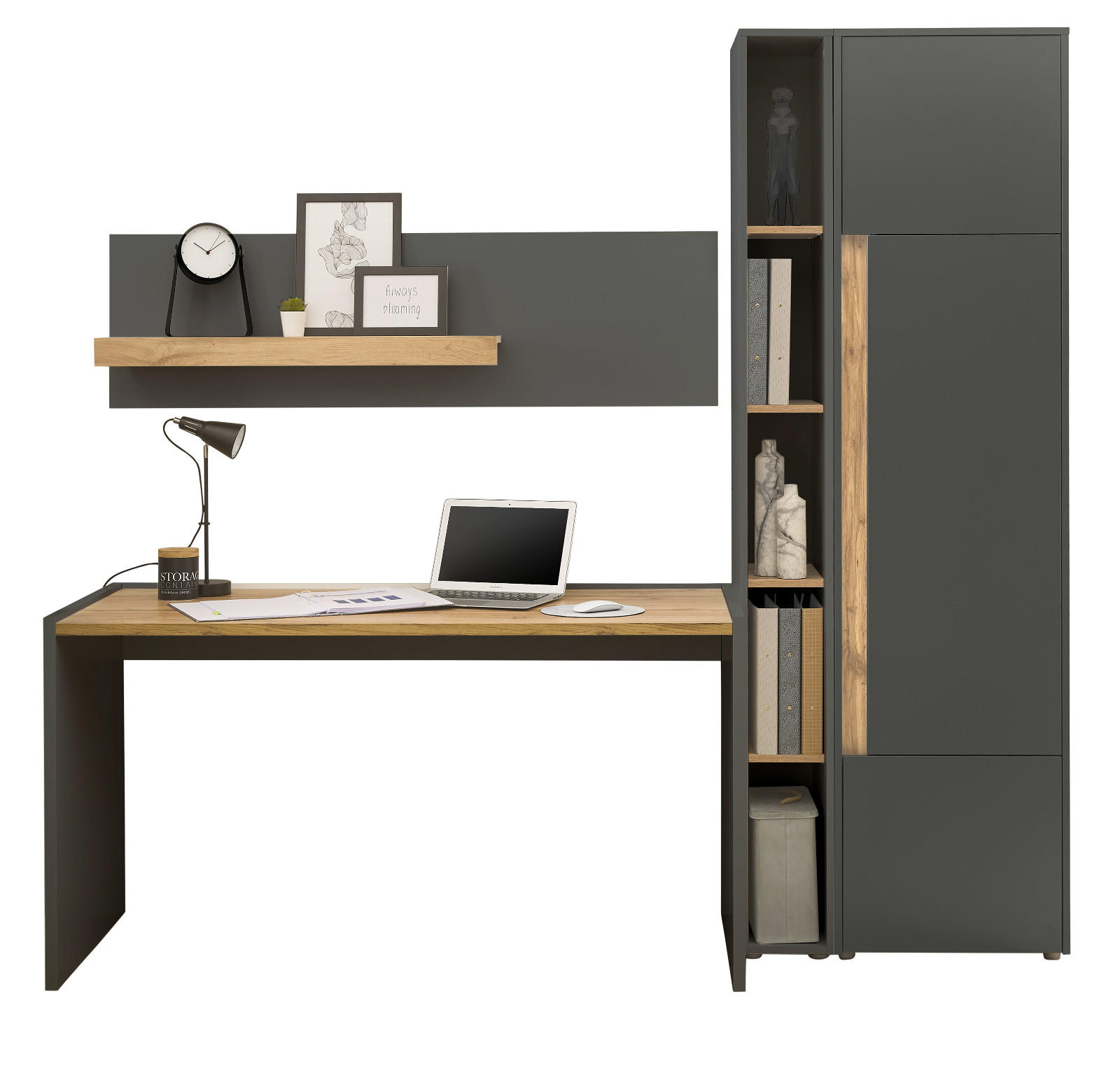 SCHREIBTISCHKOMBINATION 3-teilig grau matt, Eiche Wotan, Büromöbel Set mit viel Stauraum und 5 Ordnerhöhen - Eiche Wotan/Schwarz, Holzwerkstoff (62/213/200cm) - Furn.Design