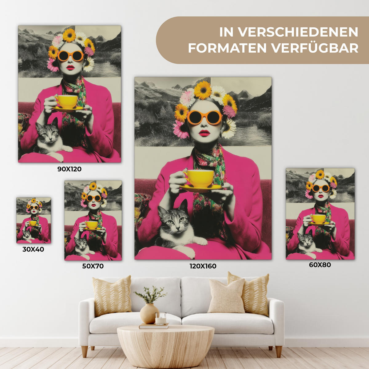LEINWANDBILD Frau - Katze - Blumen - Tasse - Retro Room Decor 30x40 cm - Magenta, Textil (30/40cm) - MuchoWow