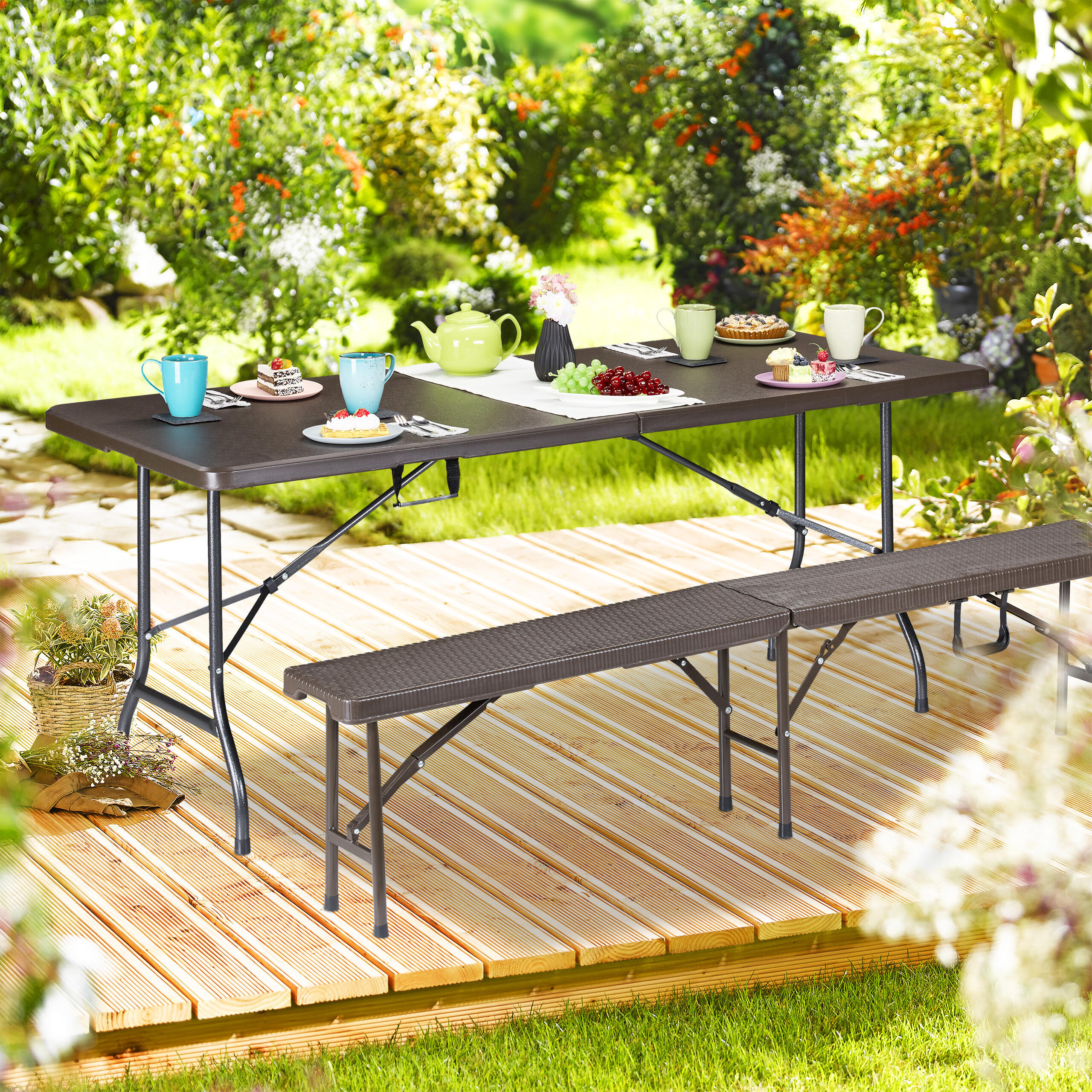 GARTENTISCH - Braun, Kunststoff/Metall (74/180/72cm) - Relaxdays