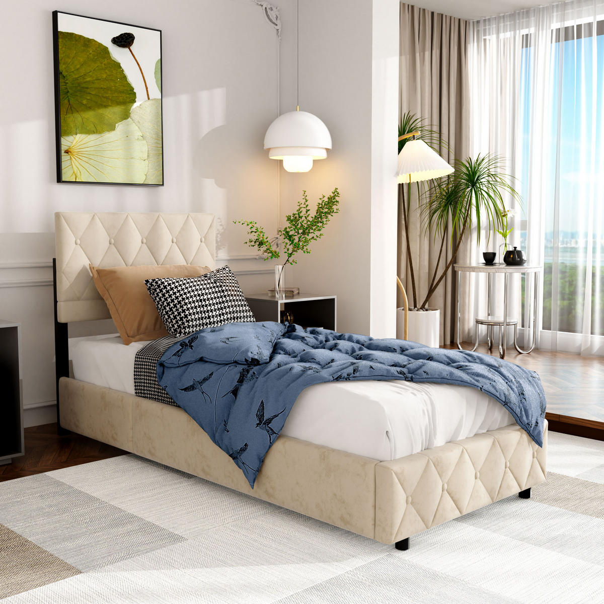 POLSTERBETT 90/200 cm mit Matratze und Bettkasten in Beige aus Samtstoff Bettgestell mit Metallrahmen - Beige, Holzwerkstoff/Textil (90/200cm) - STILVORA