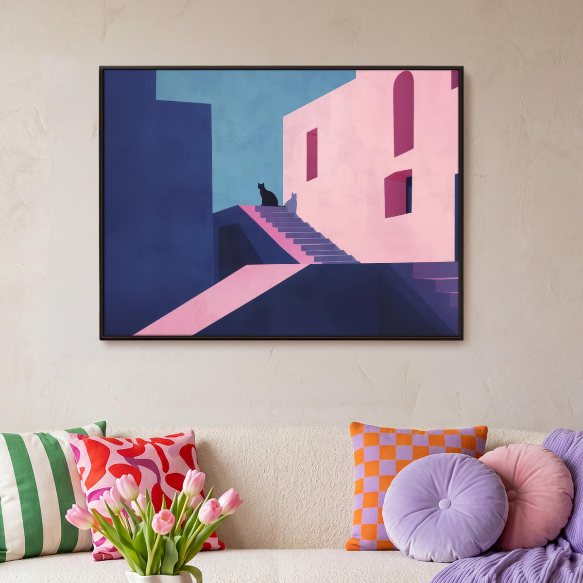 LEINWAND Bilder mit Rahmen - Katze - Treppe - Gebäude - Schattenkontraste - 100x70 - Dunkelblau, Textil (100/70cm) - MuchoWow