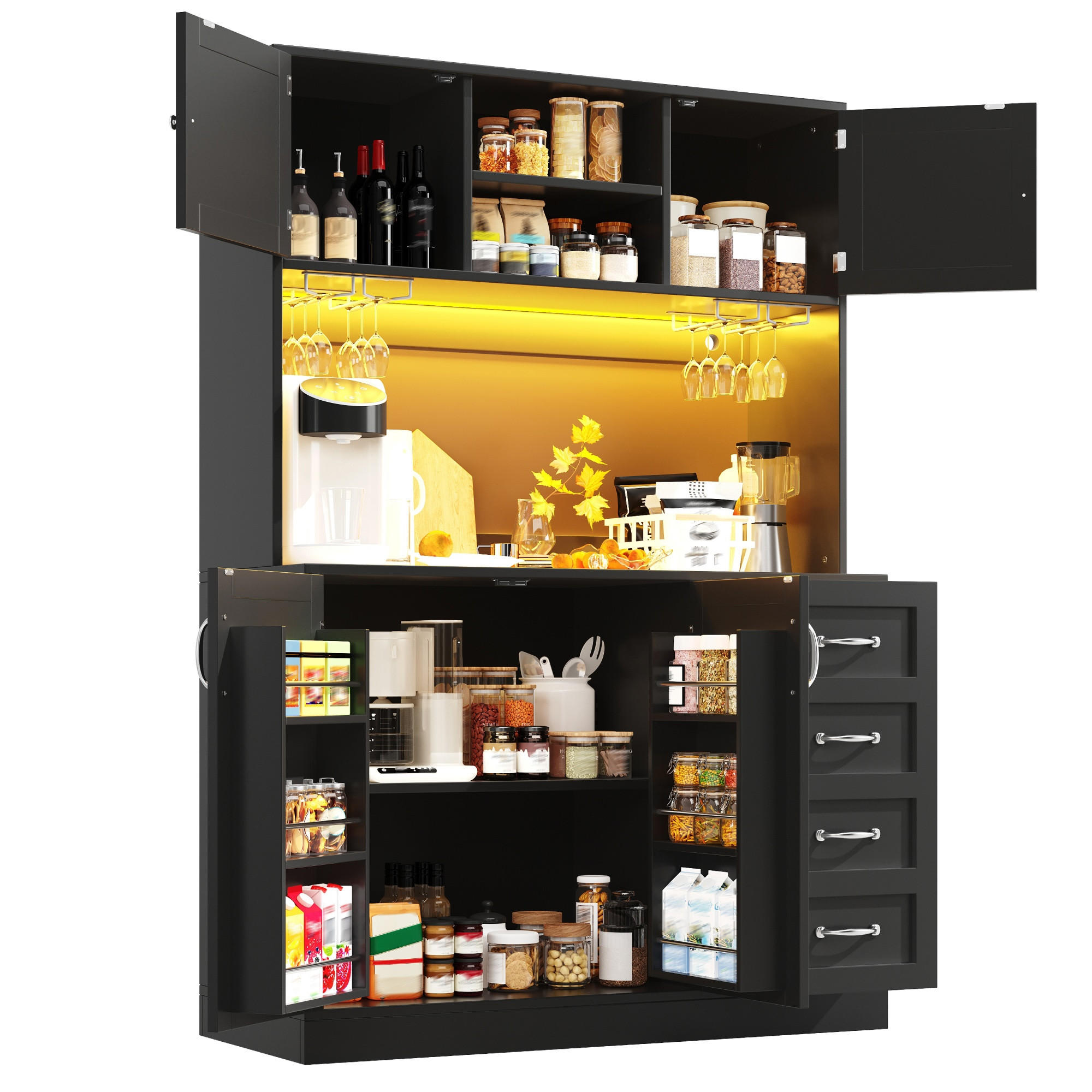 BUFFETSCHRANK 120/40/188 cm mit LED-Beleuchtung, Getränkhaltern, 4 Türen und 2 Schubladen, MDF, Schwarz - Schwarz, Holzwerkstoff (120/188/40cm) - Redom