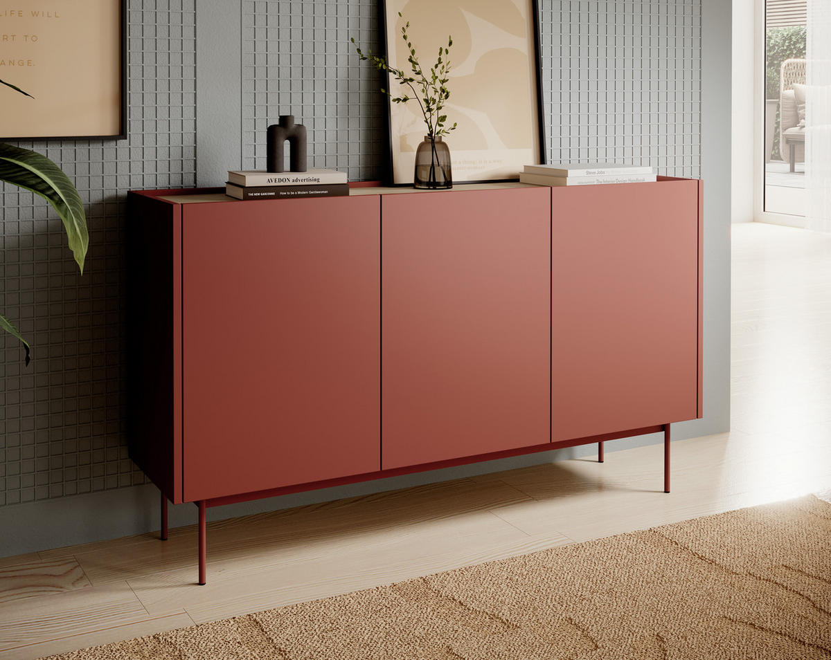 KOMMODE : Korpus und Front: Ziegel, Linea-Eiche TOP, 144 x 83 x 37 cm - Rot, Holzwerkstoff (144/83/37cm) - 3XE LIVING